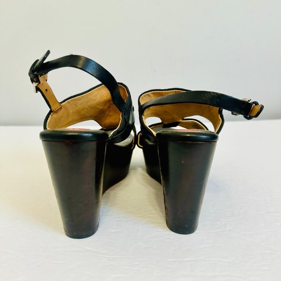 COACH SIGNATURE LOGO CANVAS AND LEATHER BLACK SLINGBACK PLATFORM WEDGES 6B - Picture 4 of 8